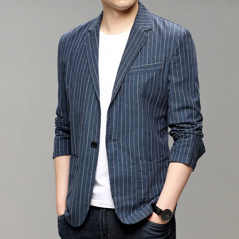 

New Arrival Fashion Spring and Autumn Striped Cotton Linen Small Suit Men's Casual Jacket Size M L XL 2XL 3XL