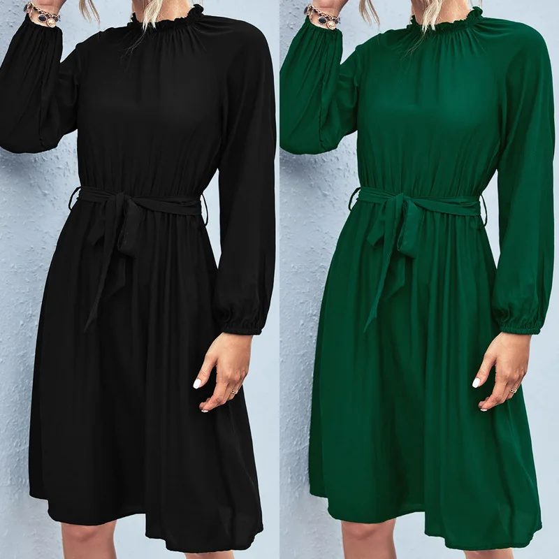 

Autumn 2023 New Women's Fashion High Neck Slightly Pleated Temperament Lace up High Waist Dress
