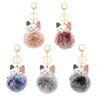 new fashion pu leather animal cat keychain soft faux rabbit fur pompom fluffy hairball key chain women bag hanging decorations