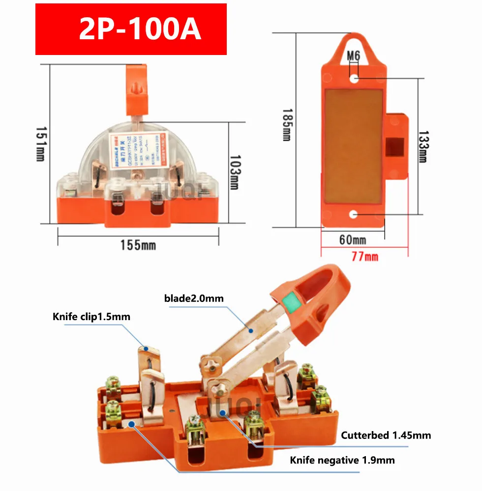 

Двухфазный выключатель ножа медный 2P 32А 63А 220В