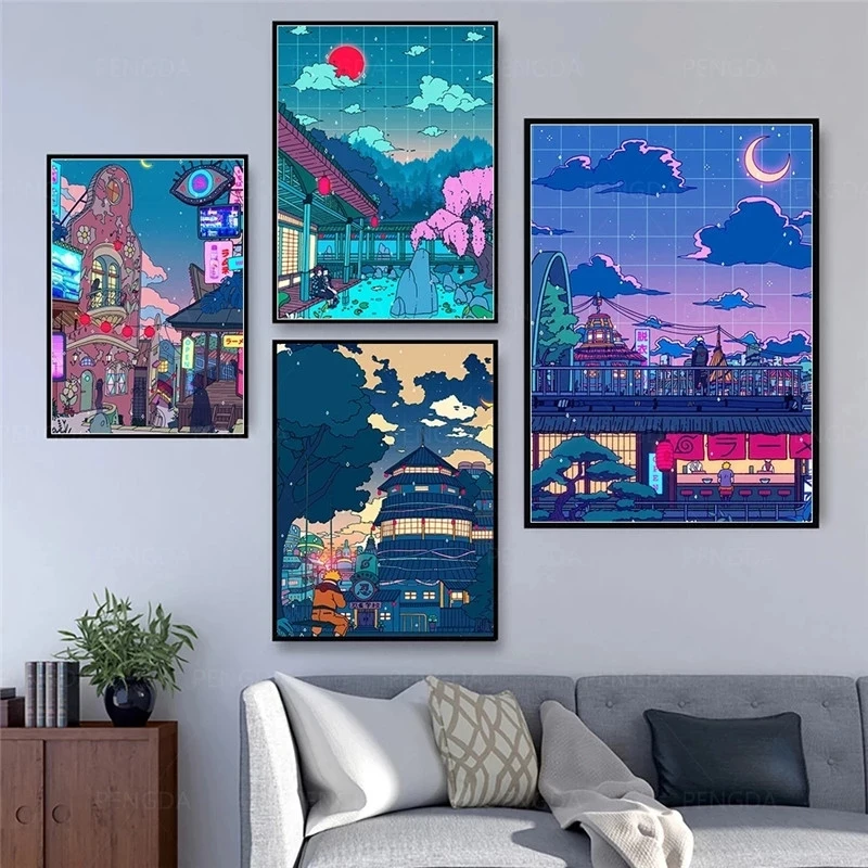 

Canvas Wall Art HD Cartoon Landscape Street Sky Prints Poster Home Decor Night Tree Cute Painting Bedroom Picture Frameless