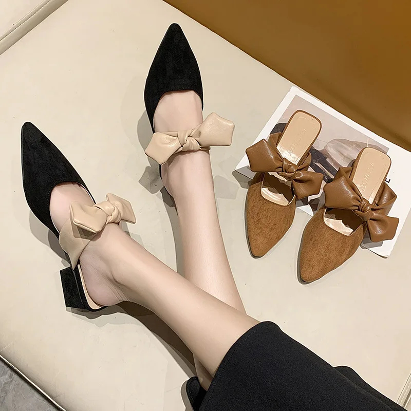 

Female Shoes Ladies' Slippers Med Butterfly-Knot Cover Toe Flock Low 2022 Soft PU Hoof Heels Slides Rome Basic Rubber Fabric