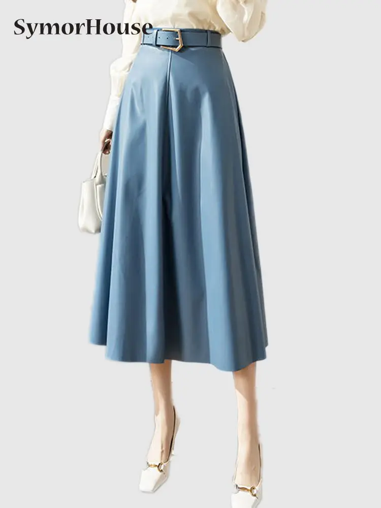 

2022 Autumn Winter Long Leather PU Skirt Women Fashion Elegant Elastic Waist Office Lady A-Line Midi Skirts With Belts Female