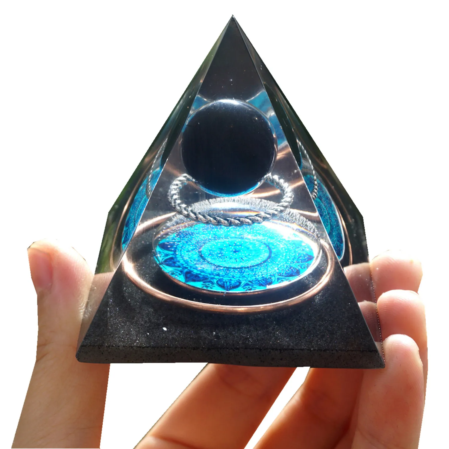 

Obsidian Crystal Sphere Orgonite Pyramid With Energy Copper Circle PTSD Reiki Healing Orgone Accumulator Pyramide