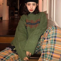 korean style round neck striped sweater women retro dark green knitted sweater women winter casual streetwear harajuku top