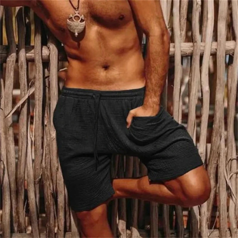 

Мужские однотонные мешковатые брюки со средней талией и карманами, Мужская одежда, брюки на шнуровке, пляжные дышащие шорты из хлопка и льна в сумерках, 2023