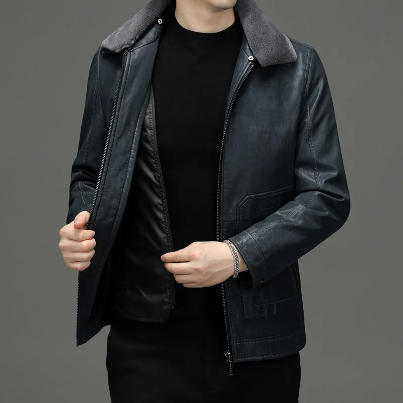 

Haining Leather Coat Men's Autumn and Winter Wool Turn-down Collar Coat Detachable Liner Short Warm Men's Leather Jacket