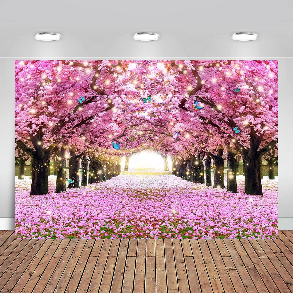 

Spring Cherry Blossom Photography Backdrop Easter Flowers Wedding Background Pink Valentine's Day Floral Boulevard Photo Banner