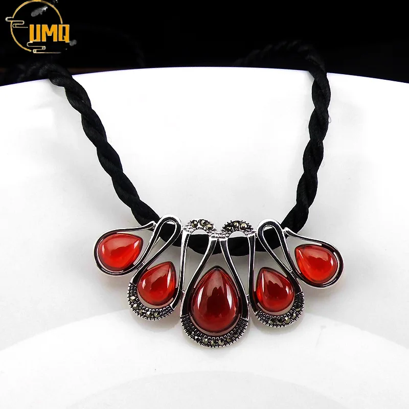 

925 Sterling Silver Natural Semi-precious Stones Retro Pendant Red Garnet Necklace Women Jewelry Accessories Girlfriend Gift