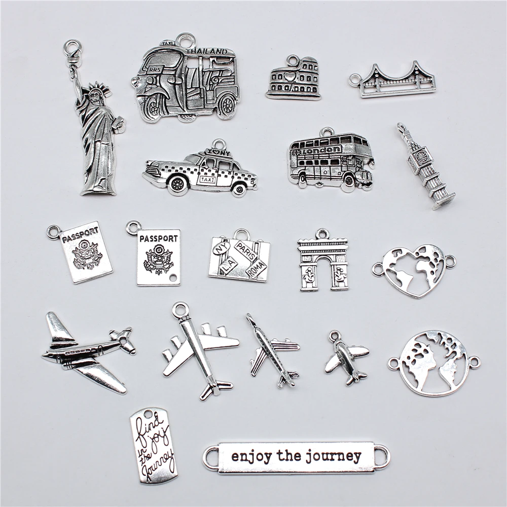 

10pcs Antique Silver Plated Travel Journey Souvenir Charms Aircraft Passport Charms For Necklace Bracelet Keychain Making