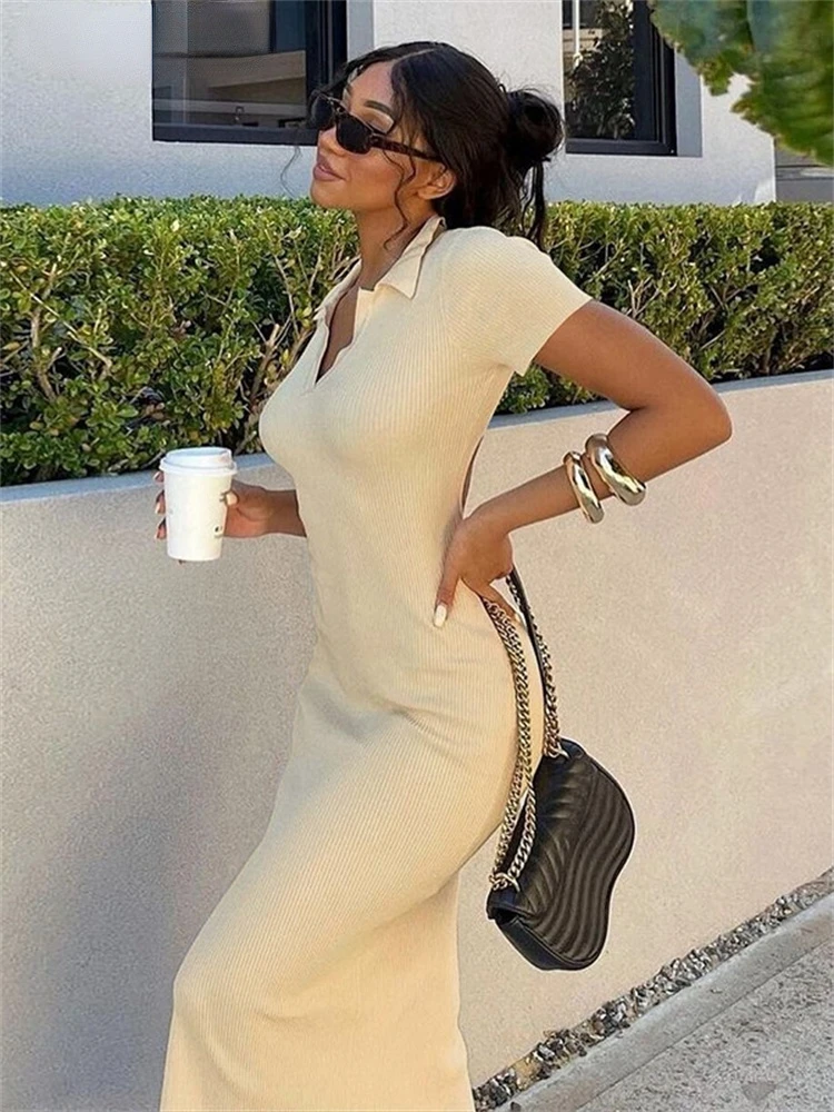 

Dinoba- Elegant Knitted Short Sleeve Bodycon Maxi Dress Women Summer Sexy Backless Bandage Streetwear Solid Stretch Lady