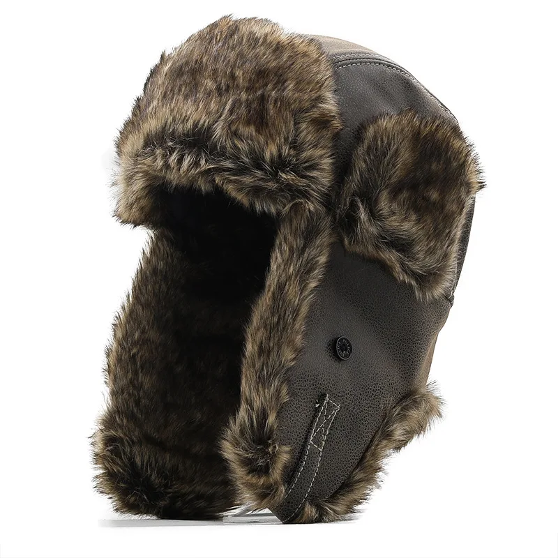 

Bomber Hats Winter Men Warm Russian Ushanka Hat with Ear Flap Pu Leather Fur Trapper Cap Earflap