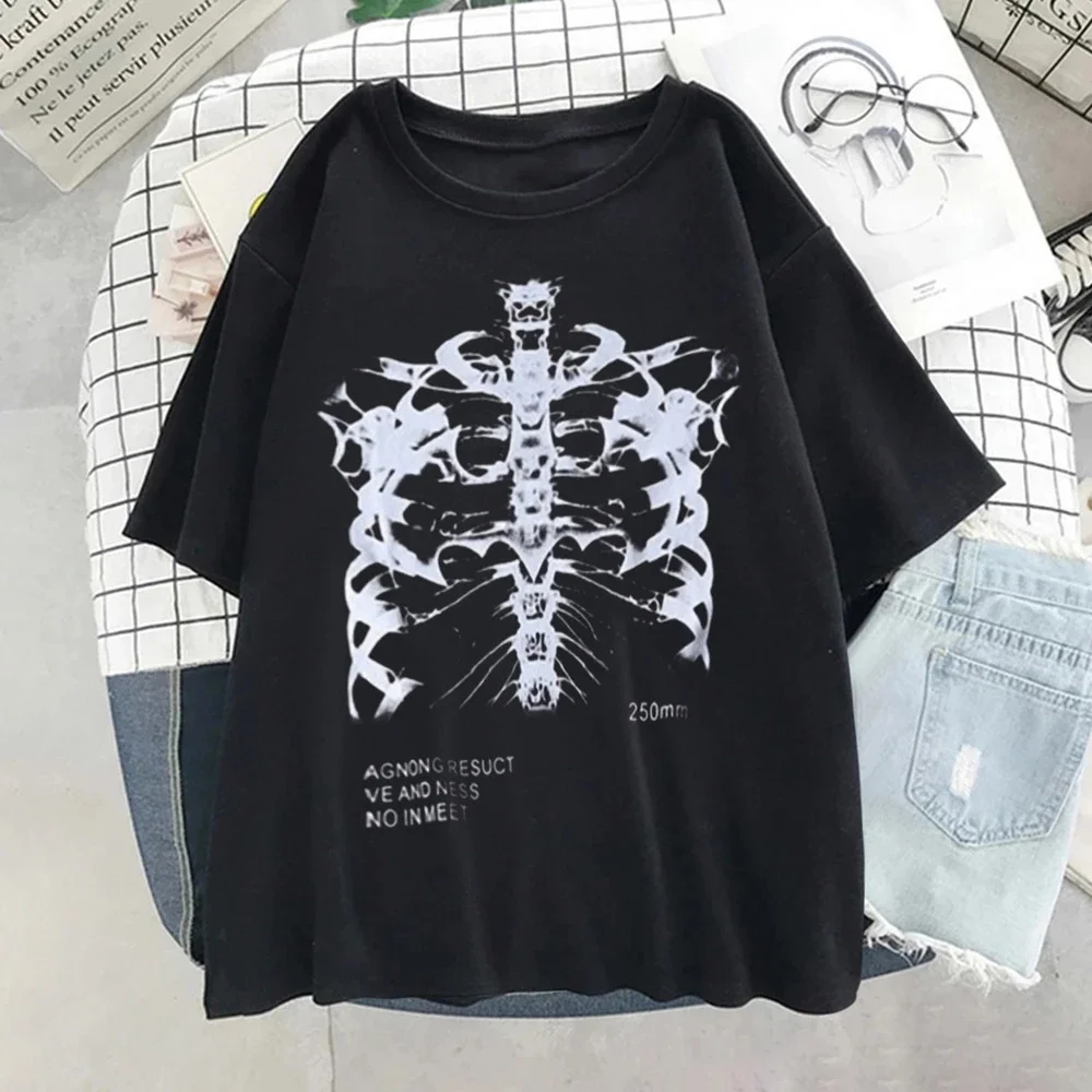 Funny Female T-shirt Women Oversized Dark Skull Bones Heart and Lung Print Short Sleeve Streetwear Harajuku Tops Woman Clothes