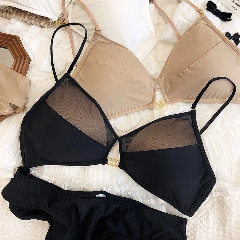 

Сексуальное кружевное нижнее белье с тонкой чашкой, женское черное Сетчатое бесшовное белье со съемными бретелями, комплект из бюстгальтера и трусиков