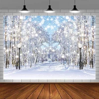 Winter Scene Photography Backdrop Snowflakes Background Snow Forest Landscape Tree Road Bokeh Glitter Baby Shower Birthday Party