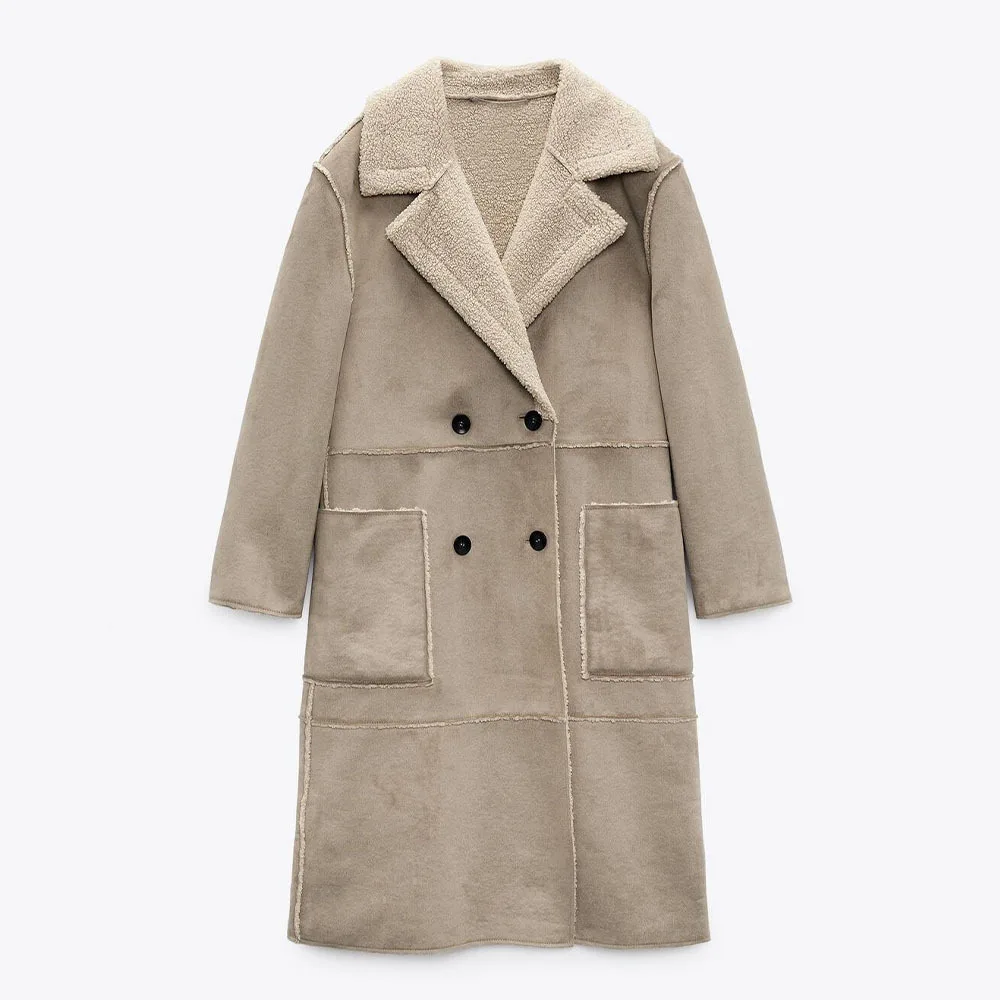 New Za Winter Lamb Fur Coat Women New Warm Suede Long Sleeve Parka Cashmere Thick Faux Leather Jacket Outerwear women jacket