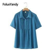 turn down collar casual summer tops for women plus size tops pleated solid loose short sleeve t shirts kkfy6173