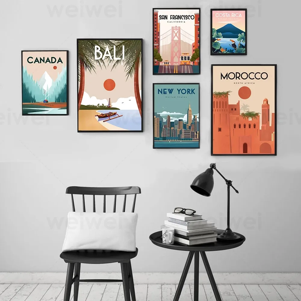 

Famous City Travel Poster Landscape Canvas Painting Modern Art Print Cartoon Morocco Wall Picture for Living Room Home Decor