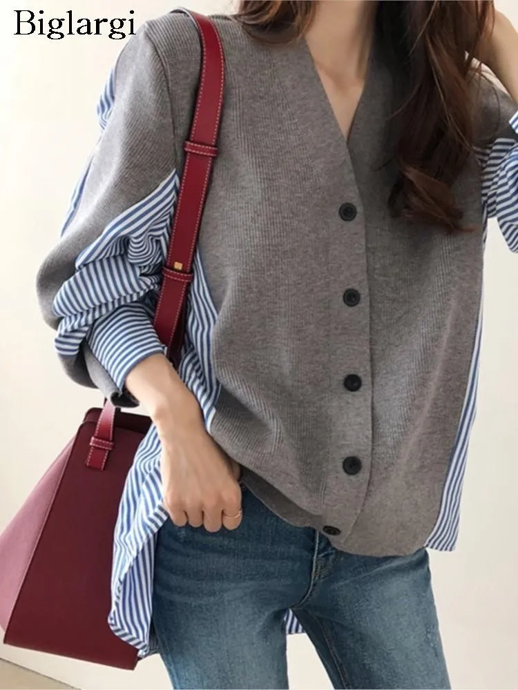 

Осеннее трикотажное пальто в полоску с пэчворком, женские корейские свободные модные Асимметричные женские кардиганы с V-образным вырезом, женские куртки, пальто 2023