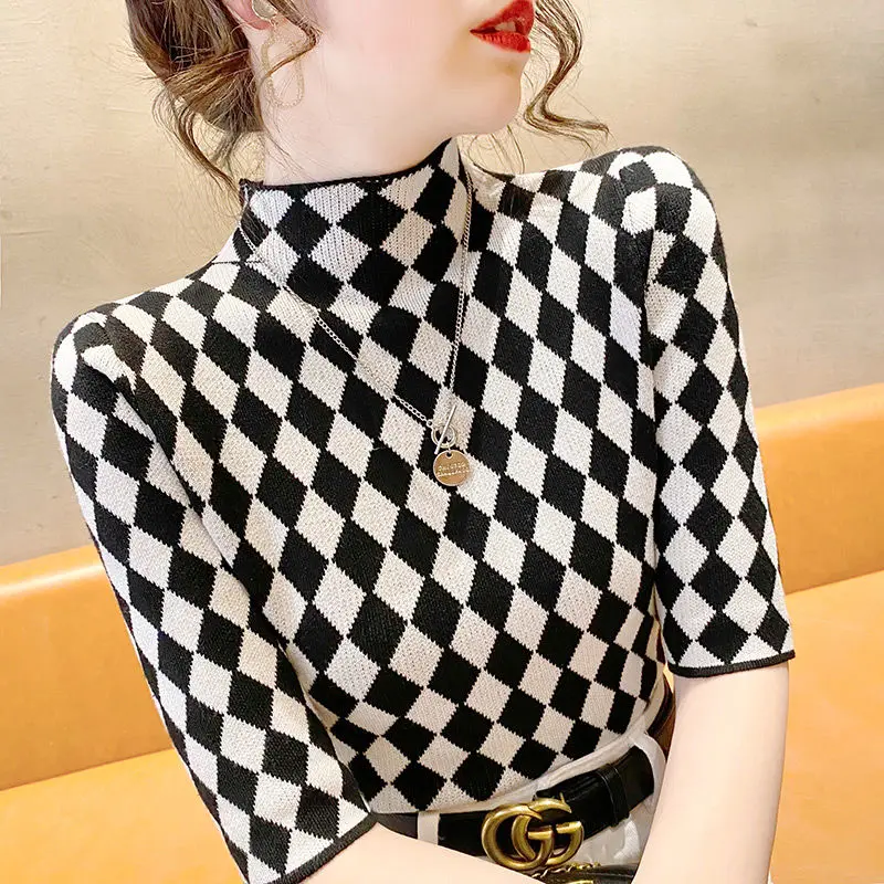 

Autumn Korean Style Half Turtleneck Slim Fit T-Shirt Women Geometry Printed Soft Bottoming Top Fashion Half Sleeved Sweater Tees