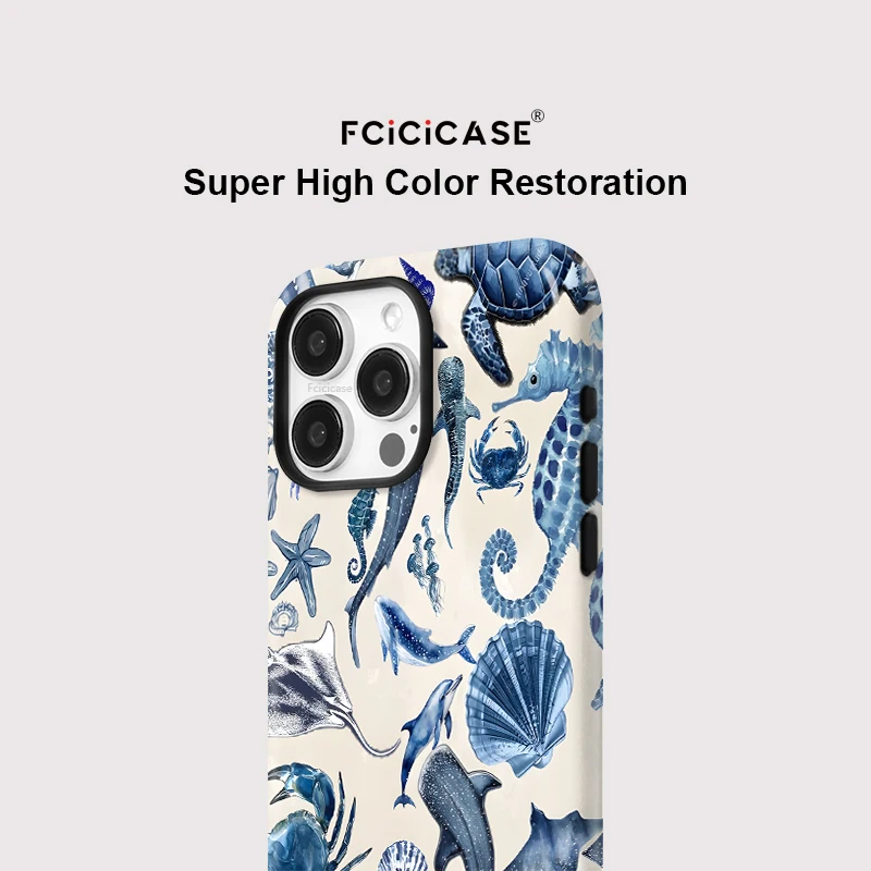 Фото Матовый чехол Fcicicase для iPhone 17, 16, 15 Pro Max, 14 Plus, 12, 13, 11 Air, совместимый с MagSafe, 2-в-1, магнитный, с изображением акулы и морских животных №4
