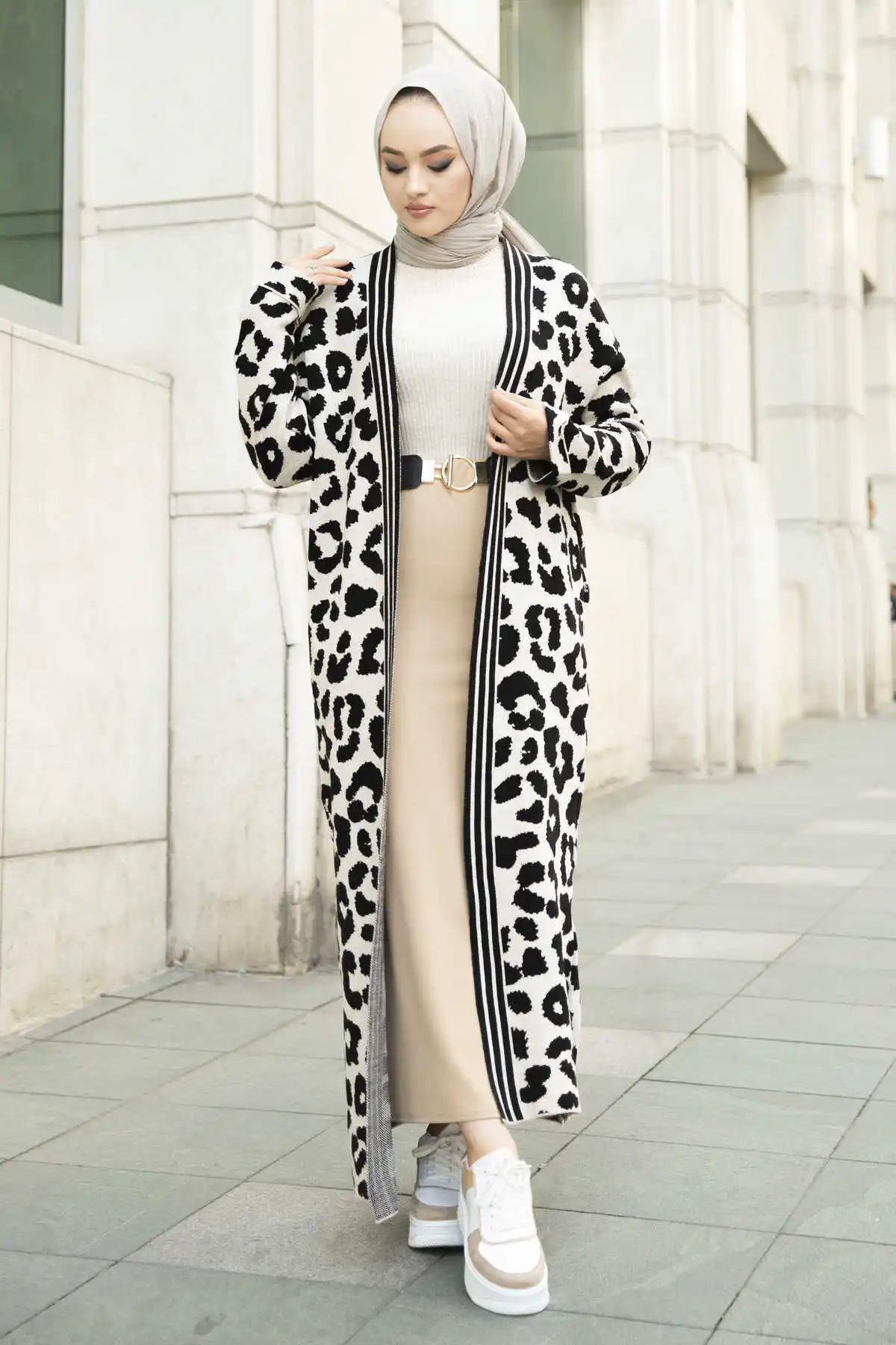 Leopard Pattern Knitwear Cardigan Raw White Winter Autumn 2021 Muslim Women Hijab headscarf Islamic Turkey