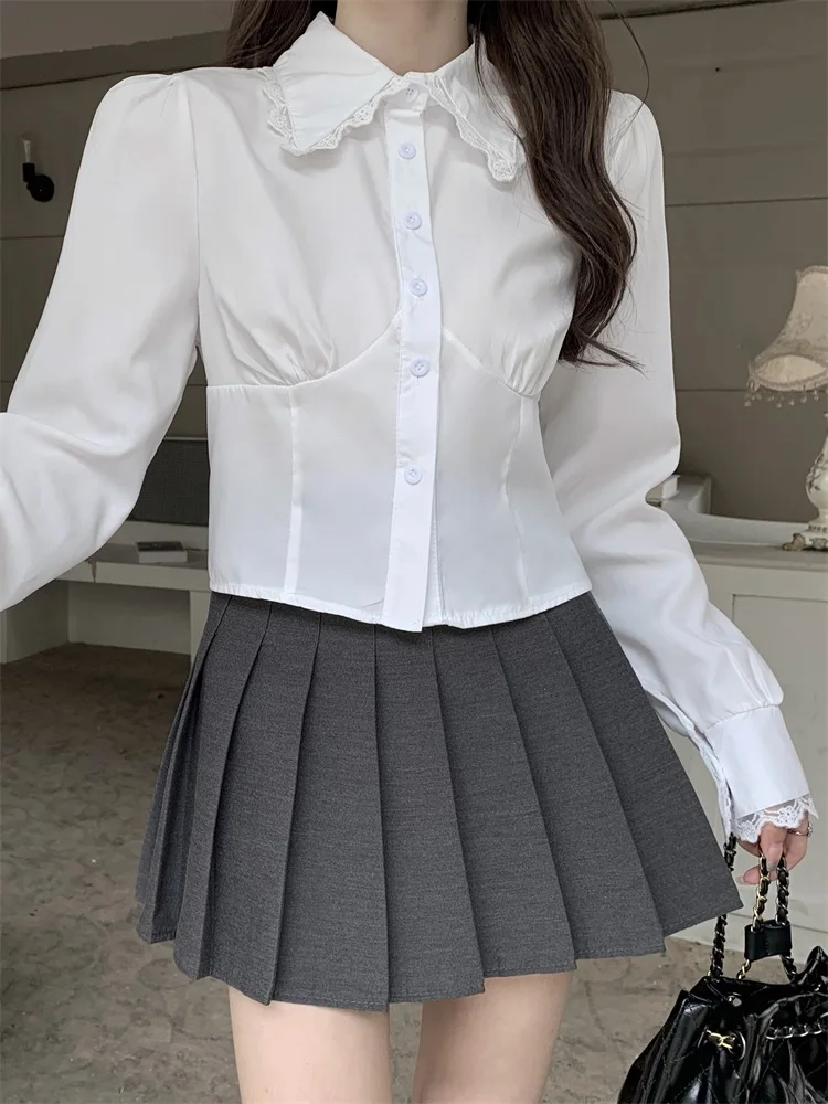 

Single Breasted Slim Polo Kawaii Lace Full Sleeve White Shirt Preppy Style Summer Sweet Girl Vintage Chic Short Blouse Shirt