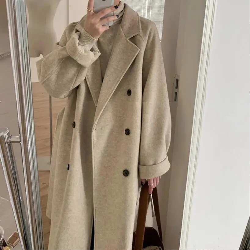 2022 New Autumn Winter Women Woolen Coat Large Size Loose Woolen Coats Double-breasted Cashmere Woolen Long Overcoat Female XS-L