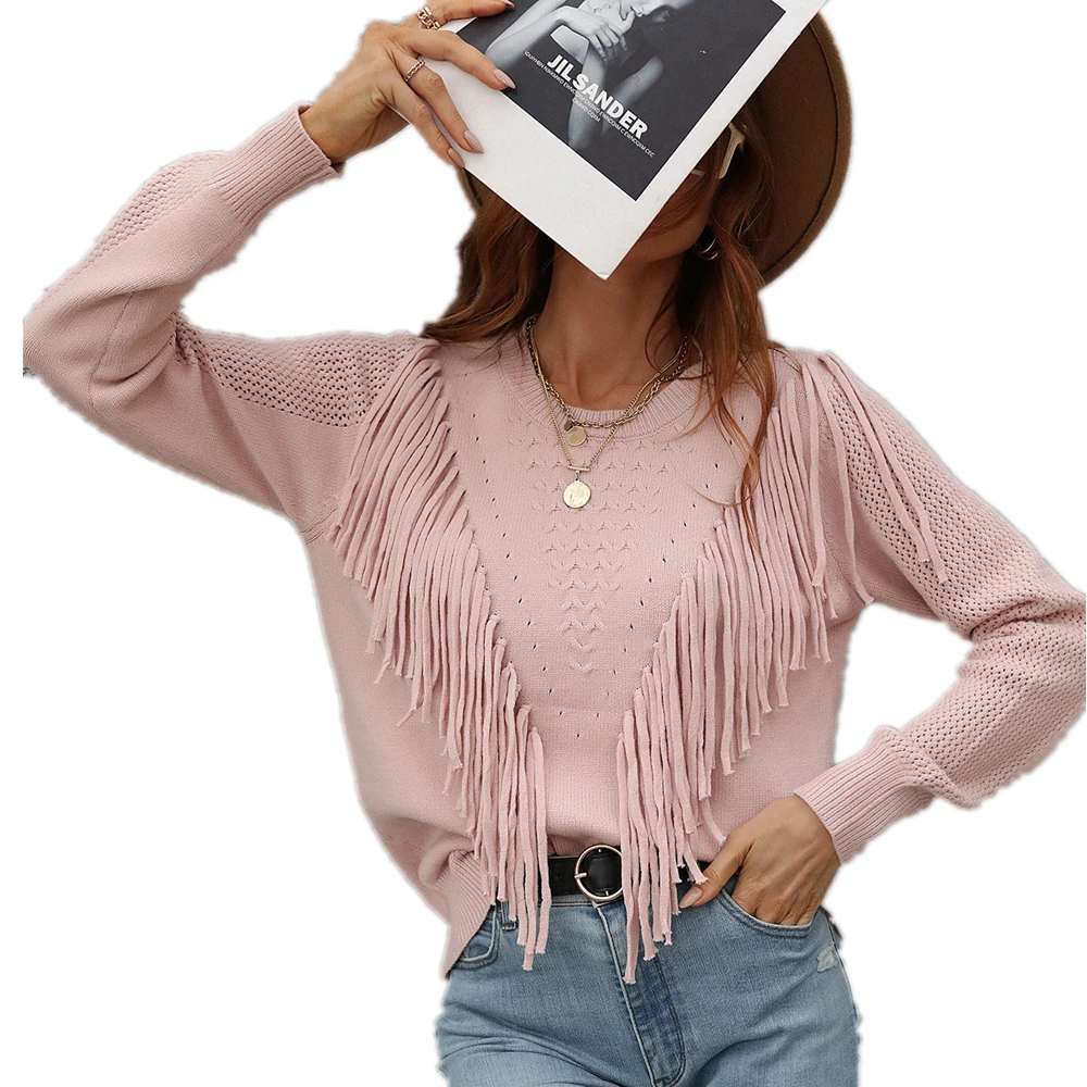 

Женский трикотажный свитер с бахромой, однотонный свободный свитер с длинным рукавом и круглым вырезом, осень 2023