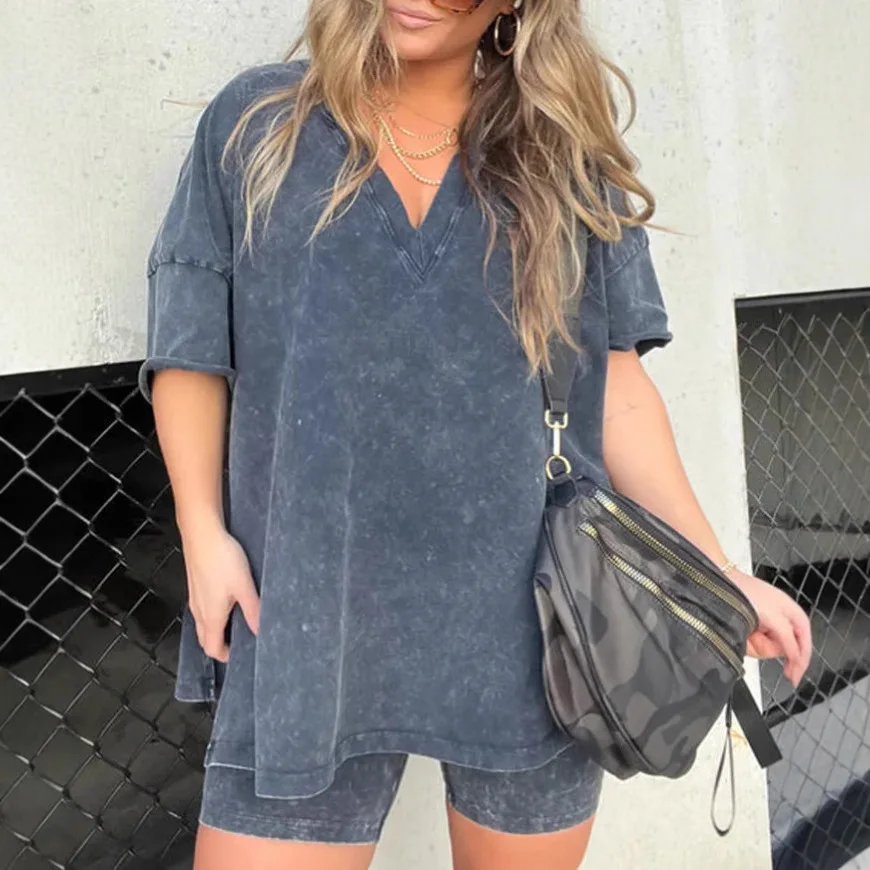 Модный комплект из 2 предметов с v-образным вырезом и короткими рукавами женский