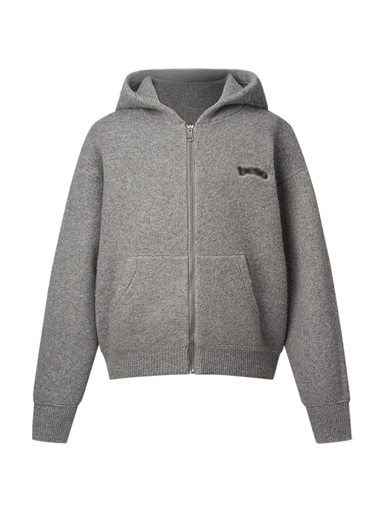 2024 New Gray Hood Knit cardigan Sweater Outerwear Women Autumn and Winter High-Grade Loose Zip-up Thick Upper Garment
