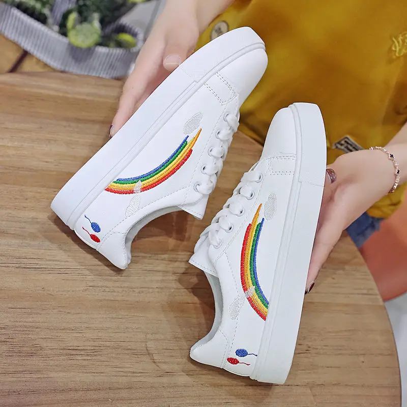 

Pu Leather Fashion Women Sneakers New Rainbow Student Women Casual Shoes Solid Breathable Women Flats