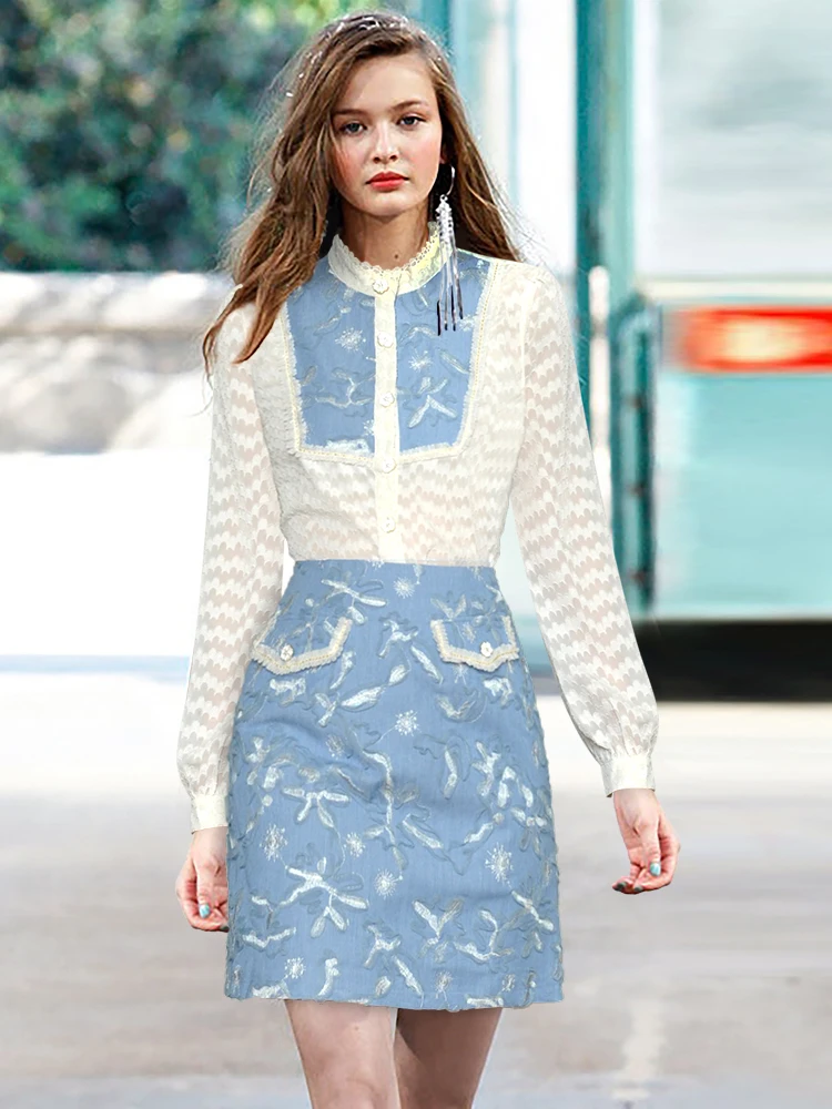 

Gedivoen Fashion Runway Summer Skirts Set Women's Lace Long sleeve Single-breasted Top＋Embroidery Denim Skirt Two Pieces Suit