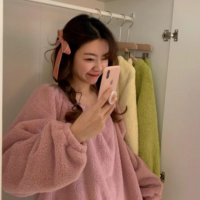 QWEEK Pajamas for Women Solid Color Flannel Home Clothes Pink Yellow Green Pijamas Winter Nightwear Korean Fashion Pyjamas Cute