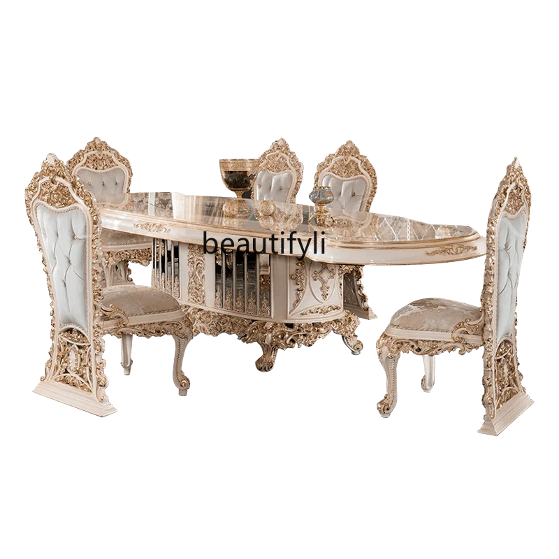 

zqEuropean-Style Wood Carved Large Apartment Dining Tables and Chairs Set French Restaurant Dining Table Villa Table Furniture