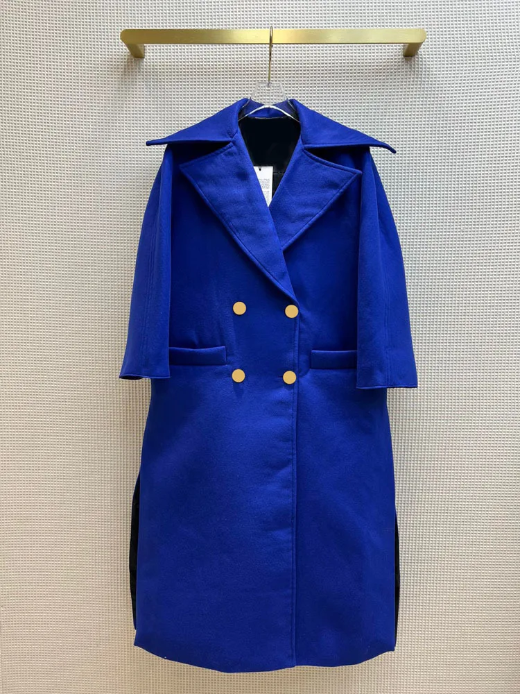 

Роскошные Длинные шерстяные пальто для женщин, двубортные свободные однотонные пальто, высокое качество, 3D вырез, Наплечные накладки, лацка...