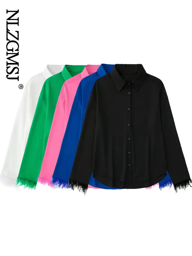 

Nlzgmsj 2022, Женская Однотонная рубашка с украшением из перьев, блузка с длинным рукавом, шикарные женские офисные топы, 202208