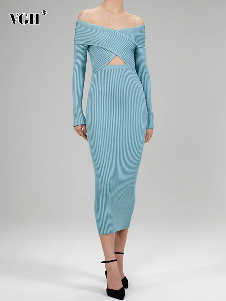 

Женское трикотажное платье с вырезом лодочкой, длинным рукавом и высокой талией