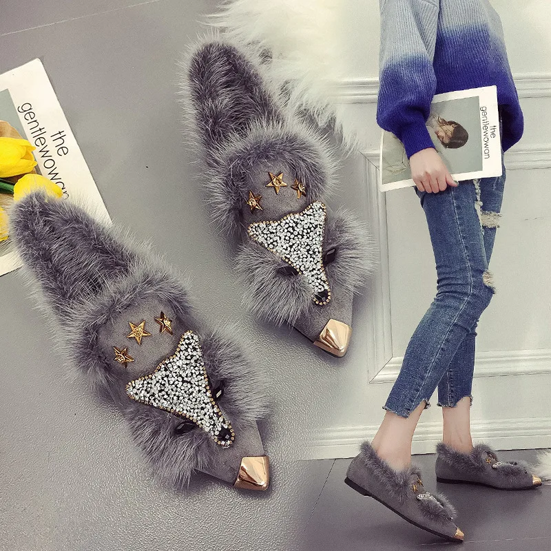 Diamond Fox Pattern Fur Shoes Flat Loafers Women Luxury Brand Pointed Toe Bling Woman Flats Slip On Casual Party Shoes