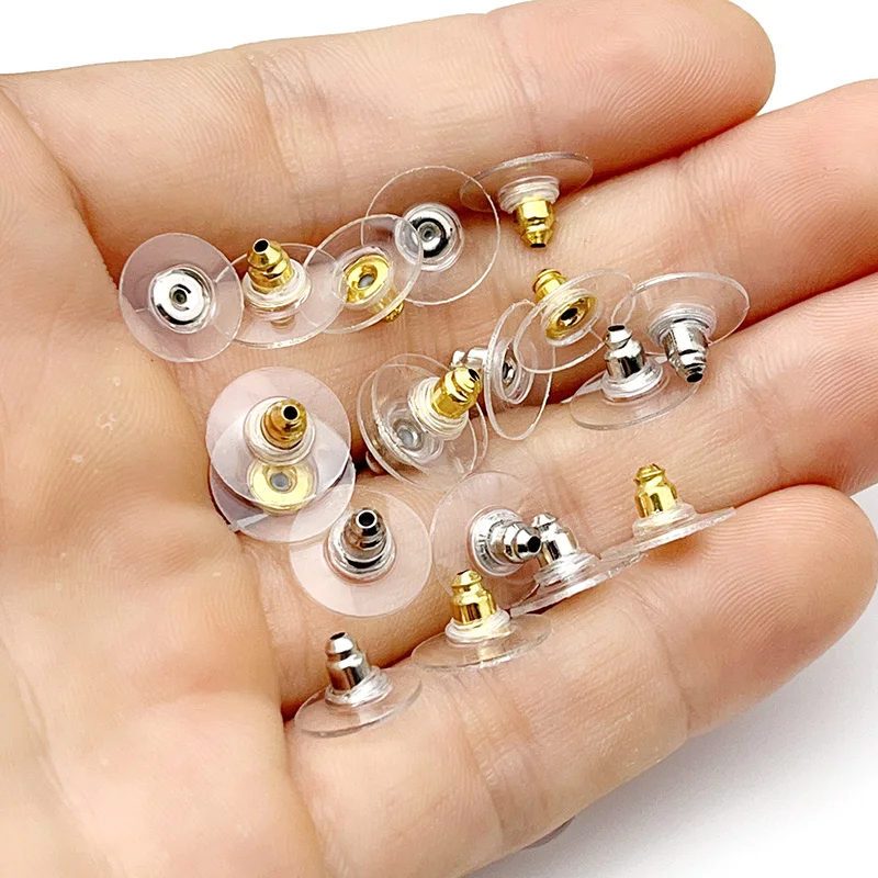 200 Pcs/Lot Clear Disc Plastic Earnuts Earring Back Stoppers Accessories Metal Ear Post Nuts DIY Jewelry Findings Stud Plug Cap