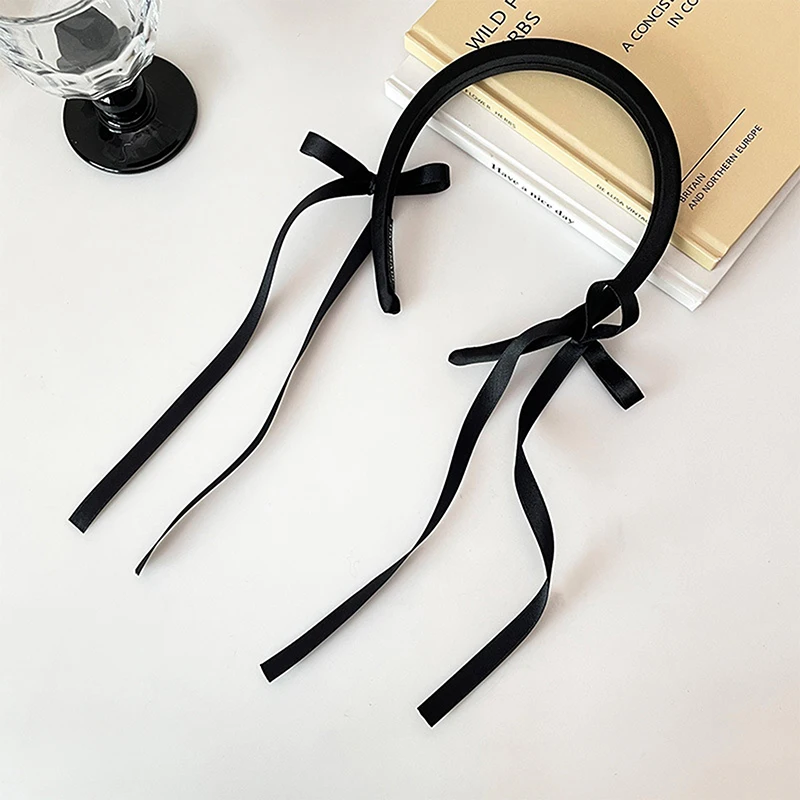 Ретро Y2k повязка на голову с бантом и лентой милая тканевая черная длинная