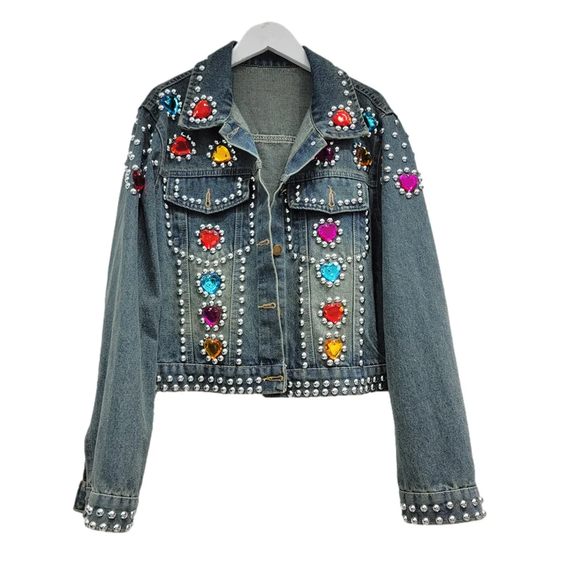 

Куртка женская джинсовая с заклепками, свободная короткая ковбойская верхняя одежда для студентов, джинсовая куртка с большими карманами и длинными рукавами