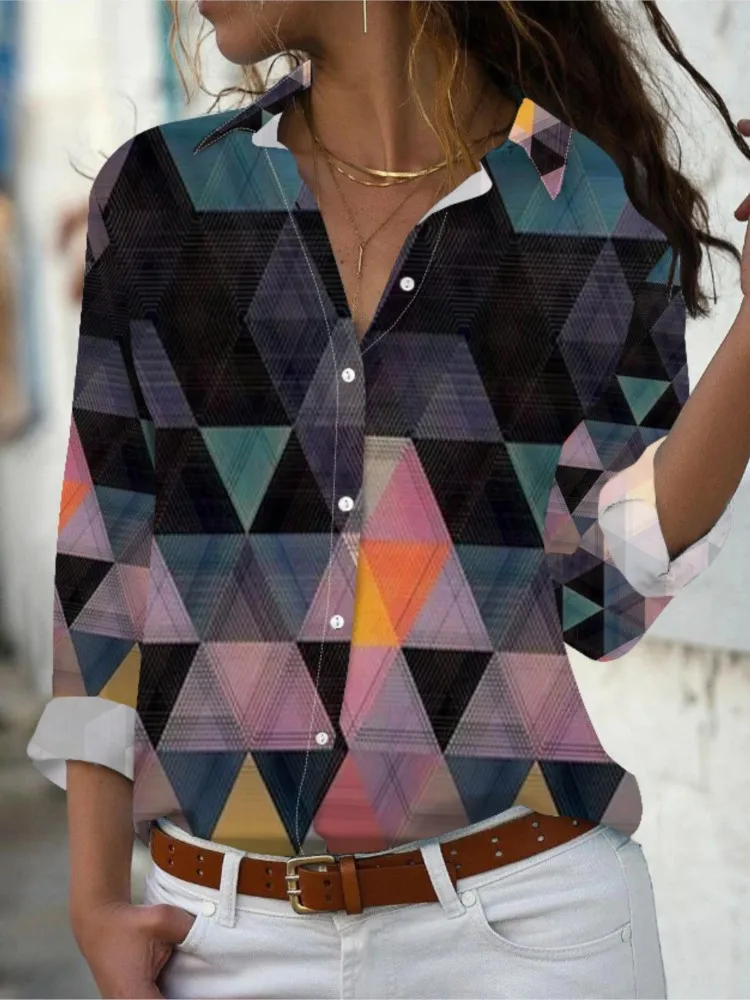 

Elegant Women Shirt Casual Long Sleeve Geometry Print Office Button Shirts Tops Spring Summer Fashion Lady Blouses Top Female