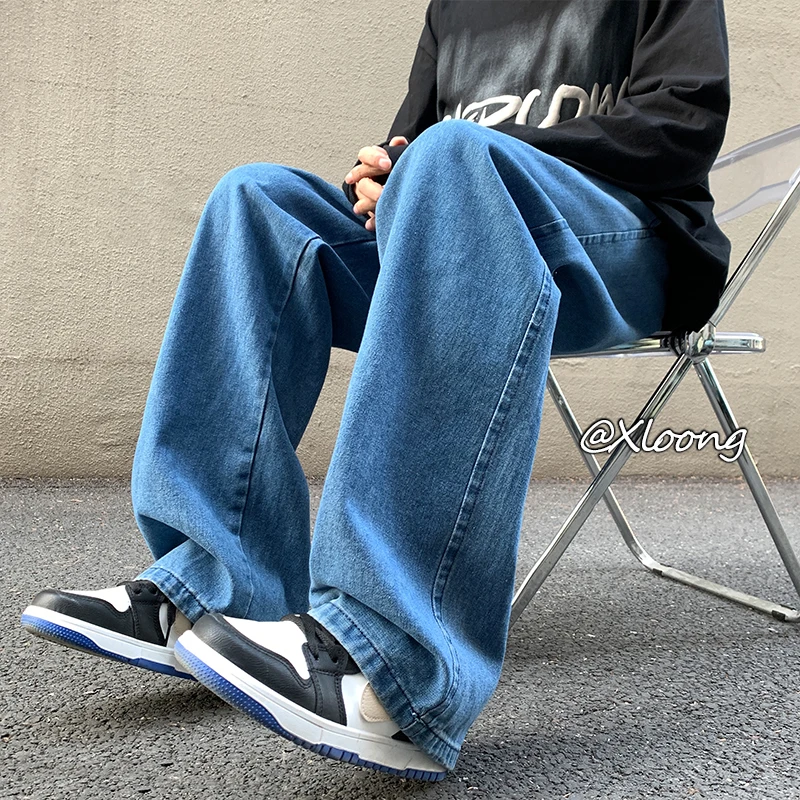 Blue Black Baggy Jeans Men Fashion Drawstring Casual Straight Jeans Mens Japanese Streetwear Hip-hop Loose Denim Trousers Men