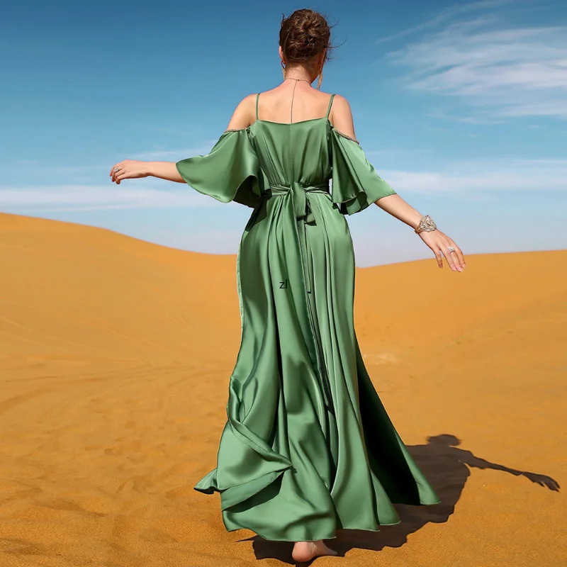 Summer Dresses 2022 Turkey Backless Sling Long Dress Rhinestone Belted Kaftan Solid Green Spaghetti Strap Beach Holiday Robe