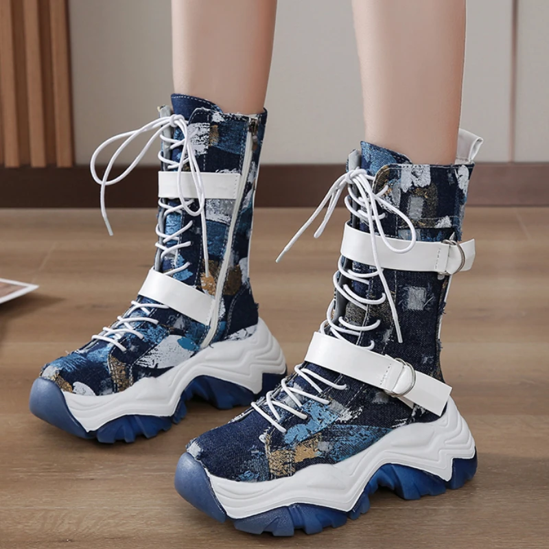 

2022 Fashion Women's Shoes Breathable Thick-soled Retro Slip-on Combat Boots Fashionable Design Casual Boots Sapatos Femininos