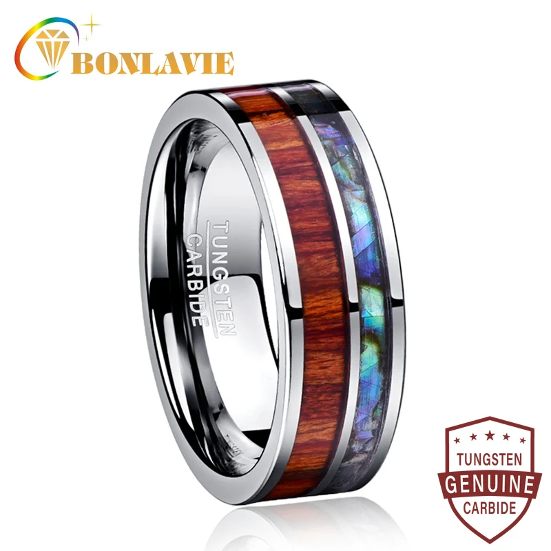 

BONLAVIE 8mm Tungsten Carbide Steel Ring Polishing Wood Grain Natural Shell Opal Men Rings Jewelry Wholesale