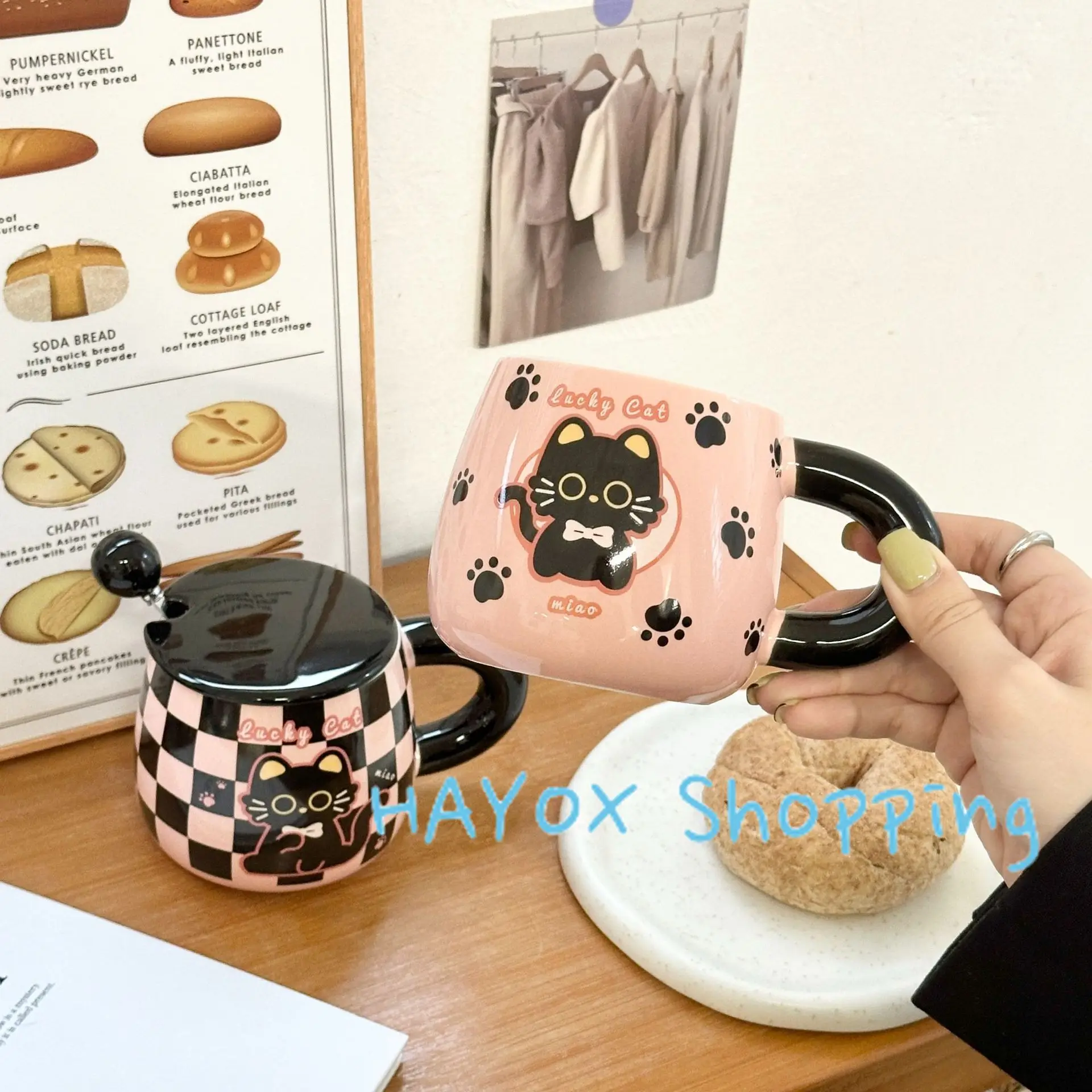 Кружка с розовым котом мультяшная керамическая чашка крышкой и ложкой Офисная