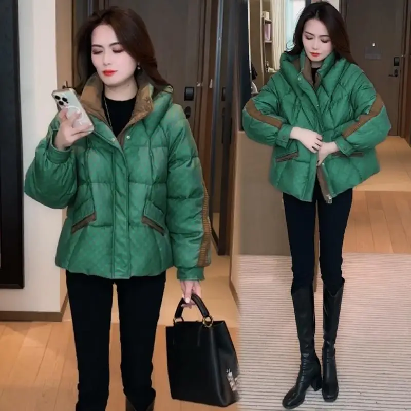 Пуховик контрастного цвета с узором гусиные лапки женская одежда на хлопковой