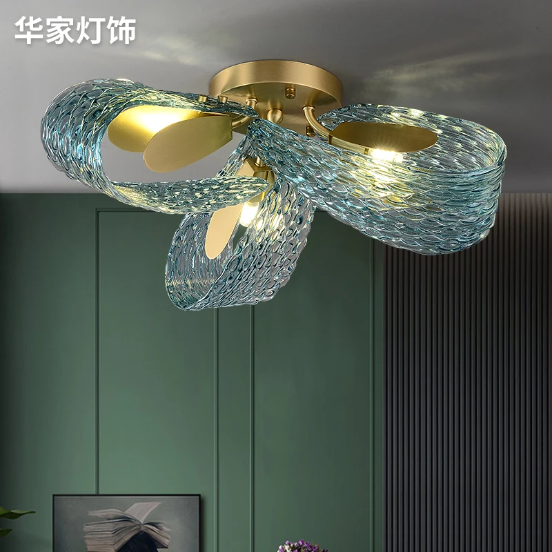 

All Copper Living Room Ceiling Lamp American Minimalist Dining Room Bedroom Study Lamp Designer Personality Creative Blue Glass